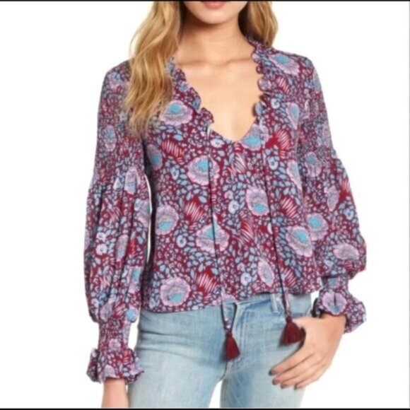 🌟Rebecca Mincoff Penelope floral smocked tassels ties top women's size Medium🌟 - Picture 1 of 10
